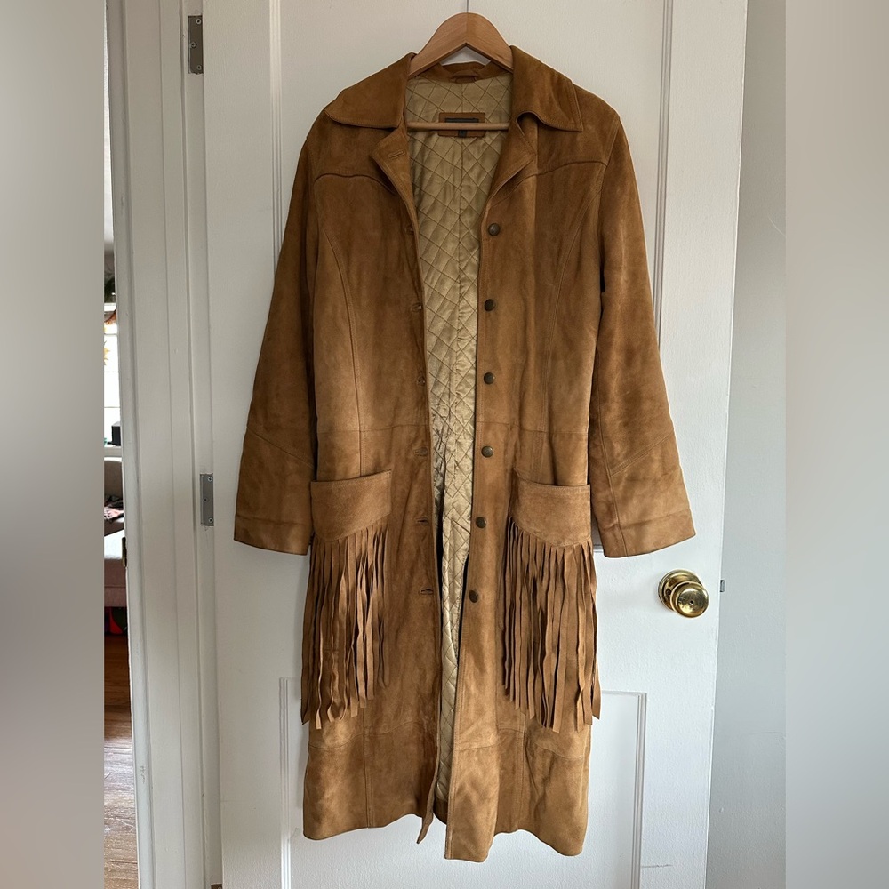 Suede full-length coat with decorative fringe women’s size small
